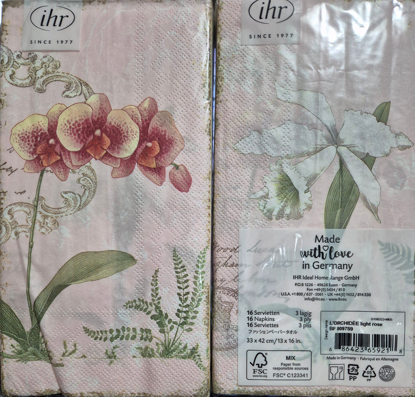 IHR 'L'Orchidee Light Rose' 3 Ply Paper Buffet Serviette 33cm x 42cm Pack of 16