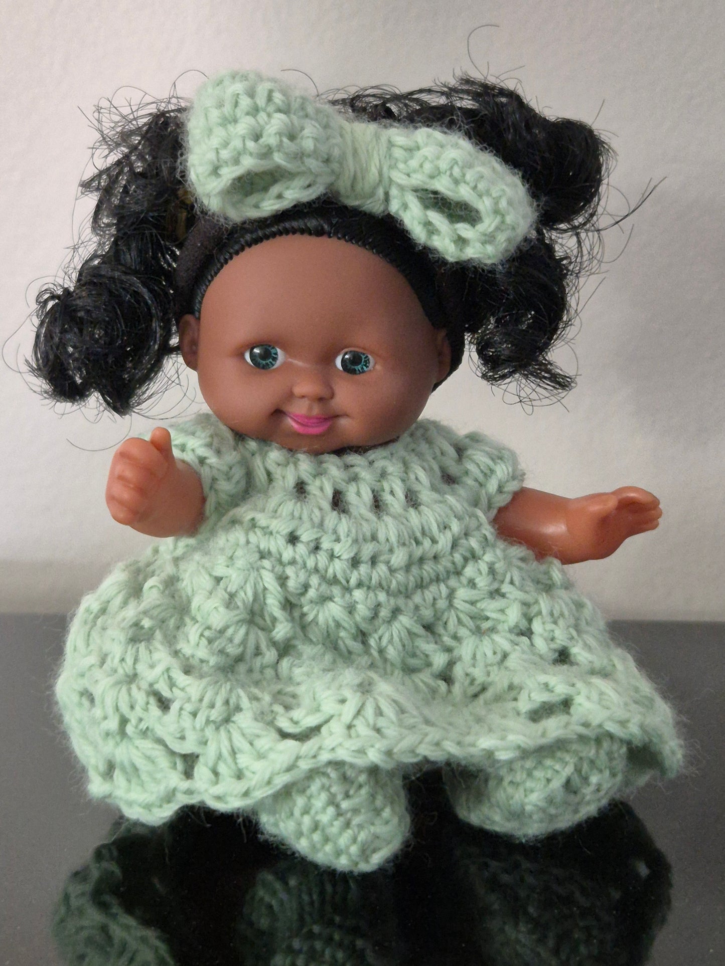 5" Dark Doll with Big Hair - Dressed in Crochet Outfit with Bow