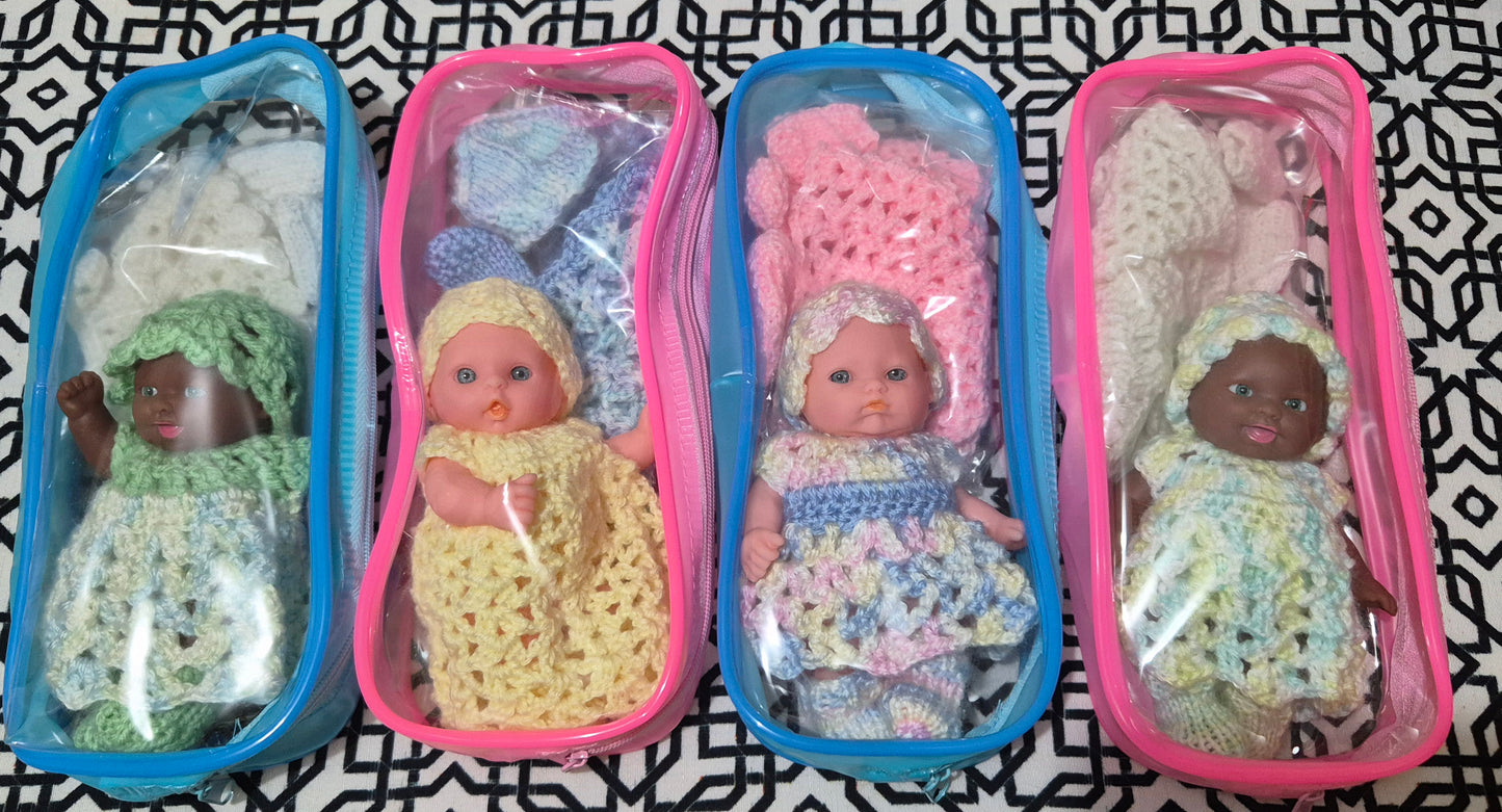 5" Doll Set in Zip Case with 2 Crochet Outfits