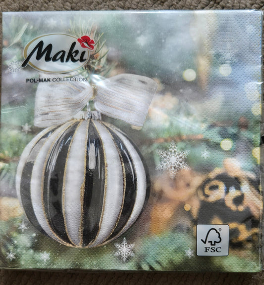 Maki 'Black & White Bauble on Spruce' 3 Ply Paper Luncheon Serviettes 33cm x 33cm Pack of 20