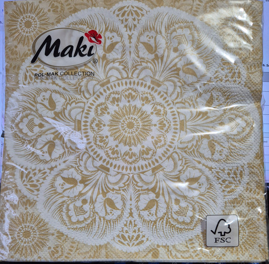 Maki 'Lowicz Folk white Cut-Out on Gold' 3 Ply Paper Luncheon Serviettes 33cm x 33cm Pack of 20