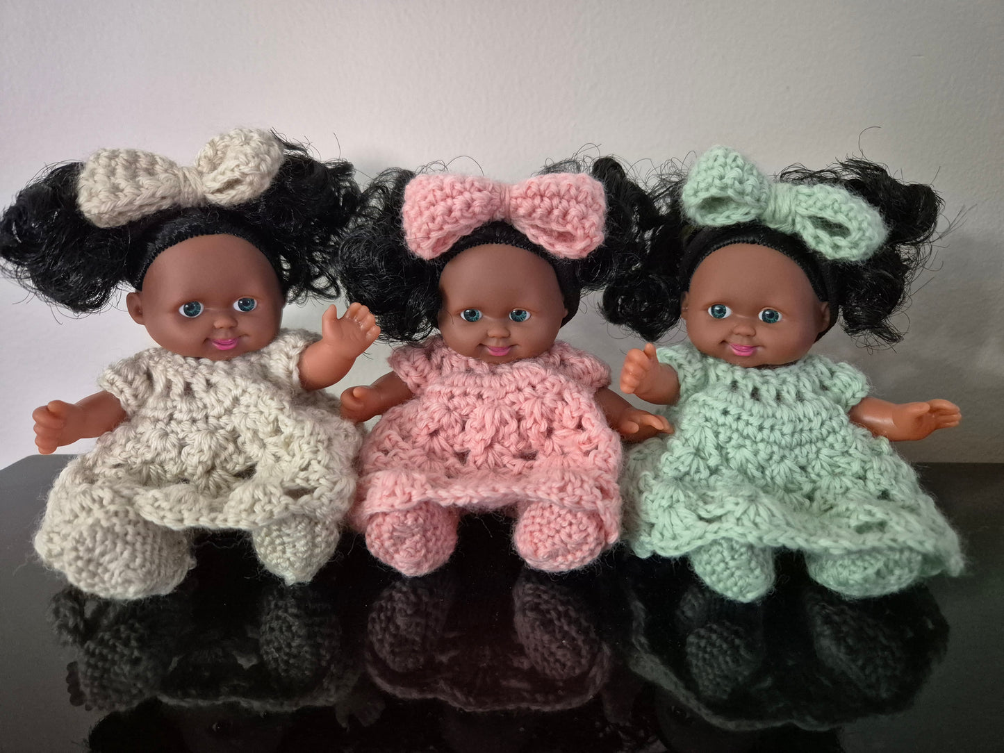 5" Dark Doll with Big Hair - Dressed in Crochet Outfit with Bow