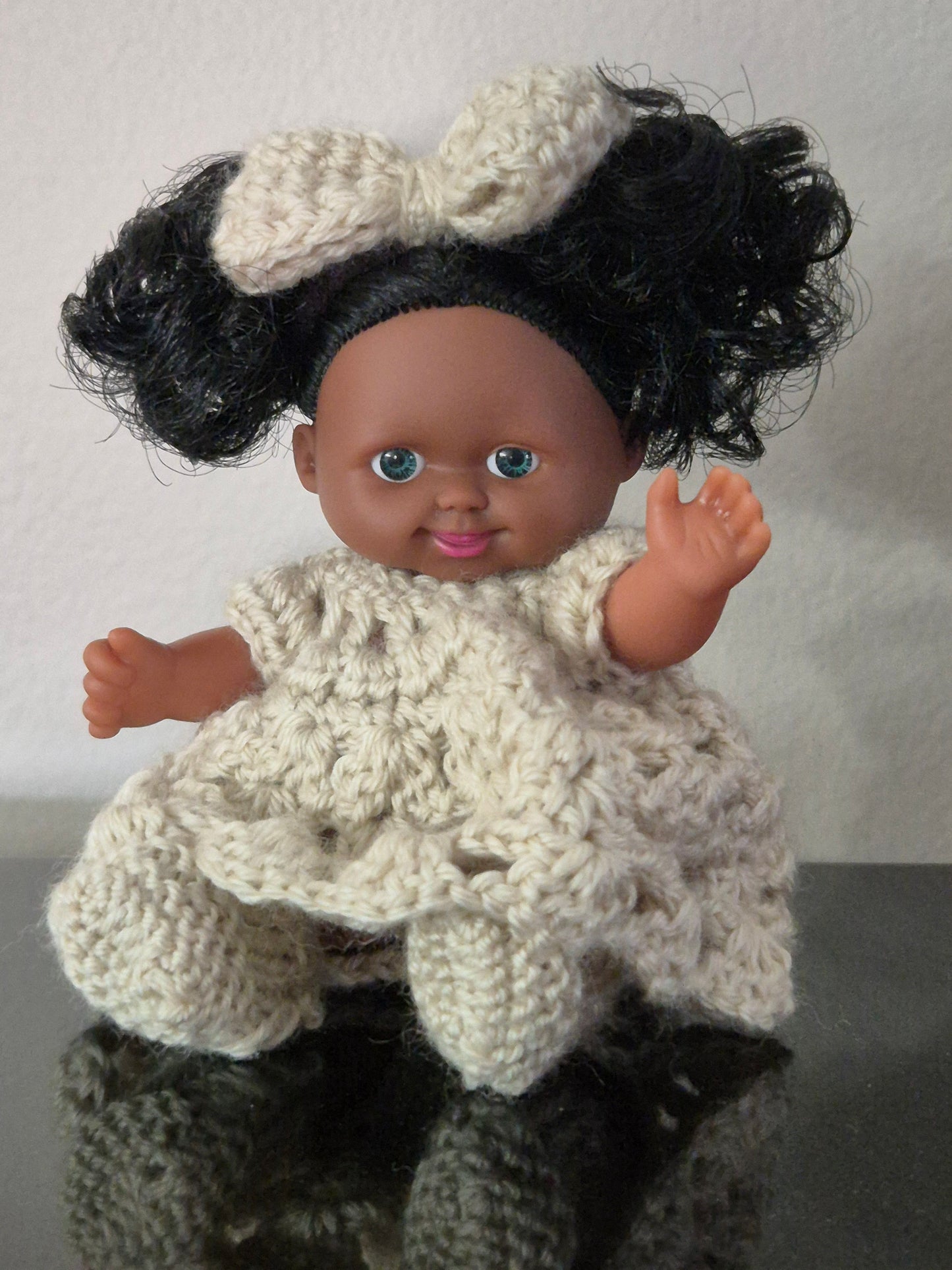 5" Dark Doll with Big Hair - Dressed in Crochet Outfit with Bow