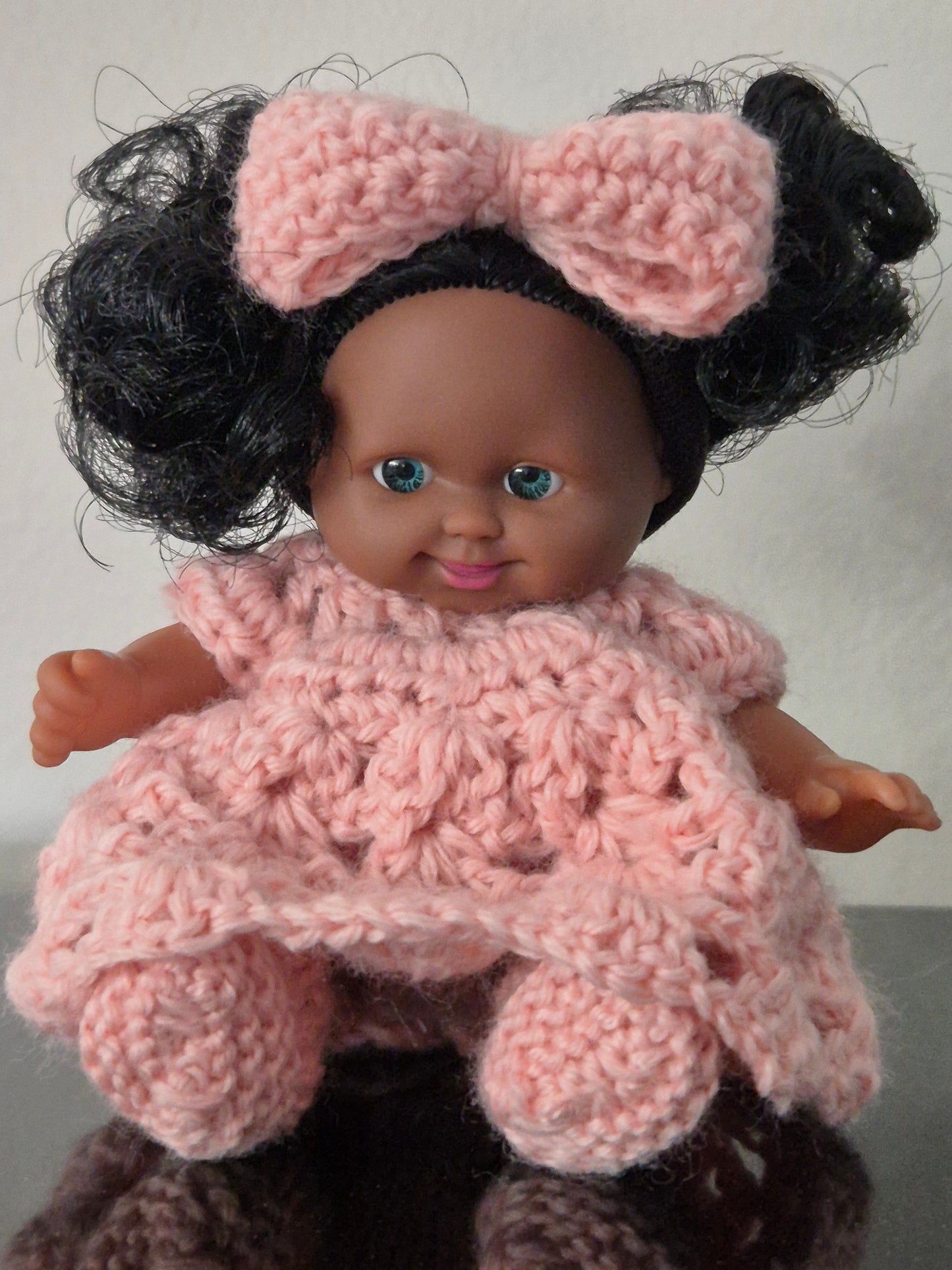 5" Dark Doll with Big Hair - Dressed in Crochet Outfit with Bow