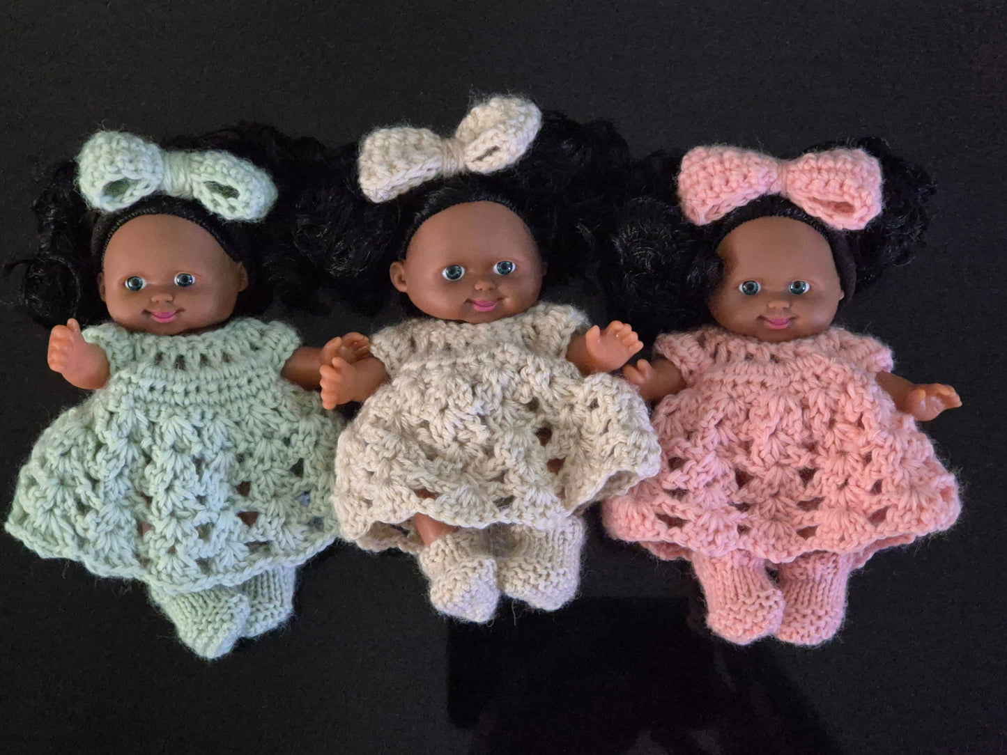 5" Dark Doll with Big Hair - Dressed in Crochet Outfit with Bow