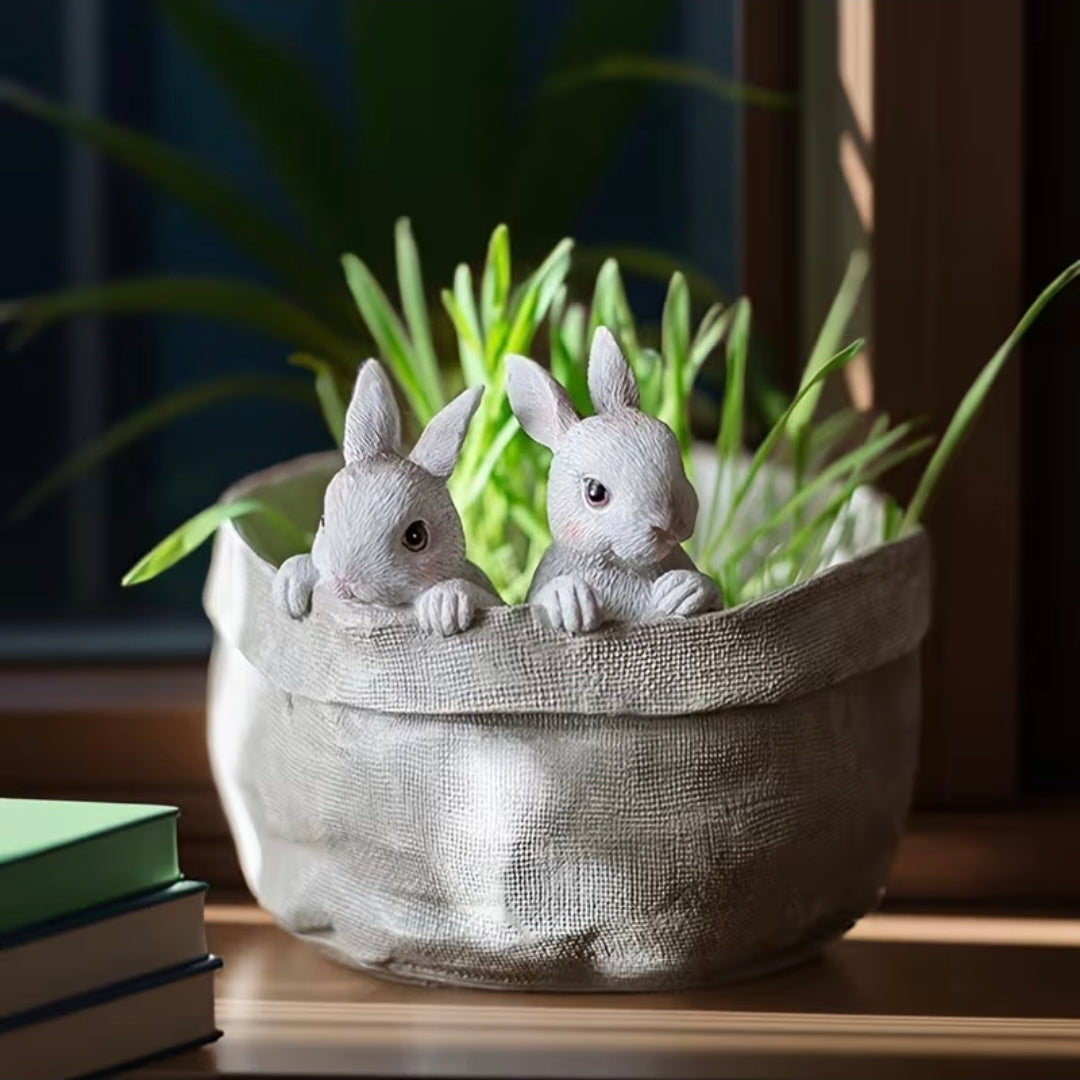 Garden Pot with Baby Rabbits